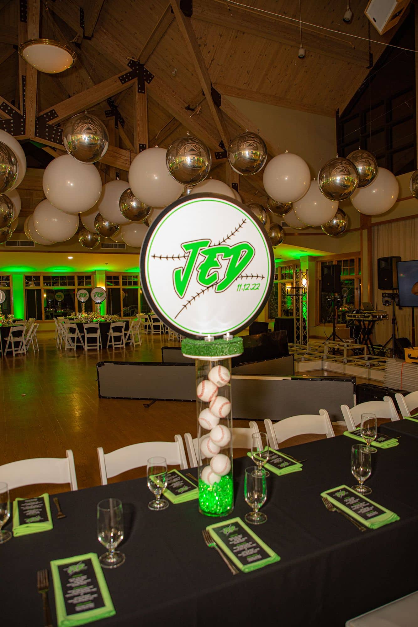 Baseball Theme Centerpiece with LED Logo Topper at Beth Am Shalom, White Plains