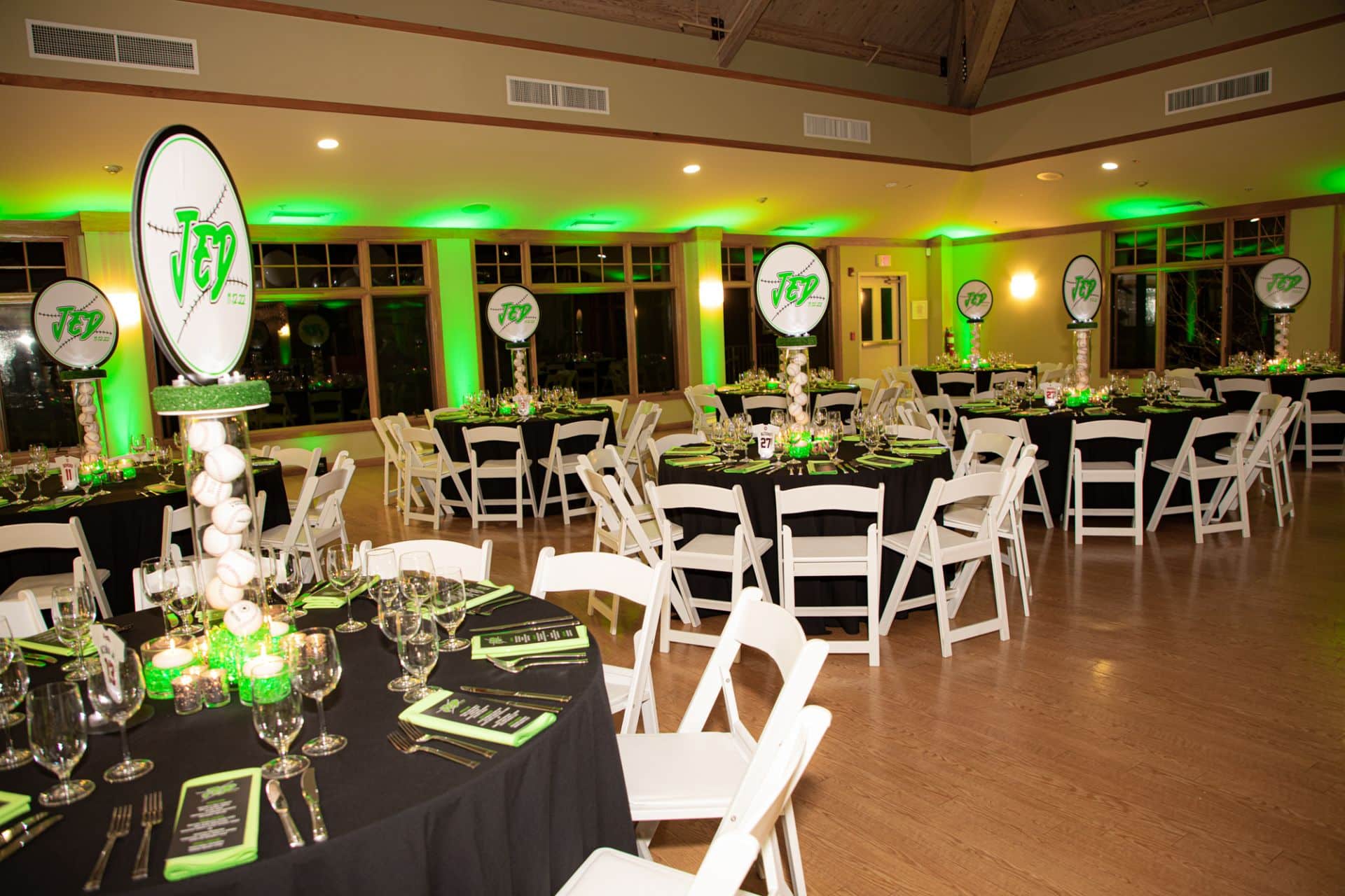 Baseball Theme Centerpiece with LED Cylinders and Baseballs at Beth Am Shalom, White Plains