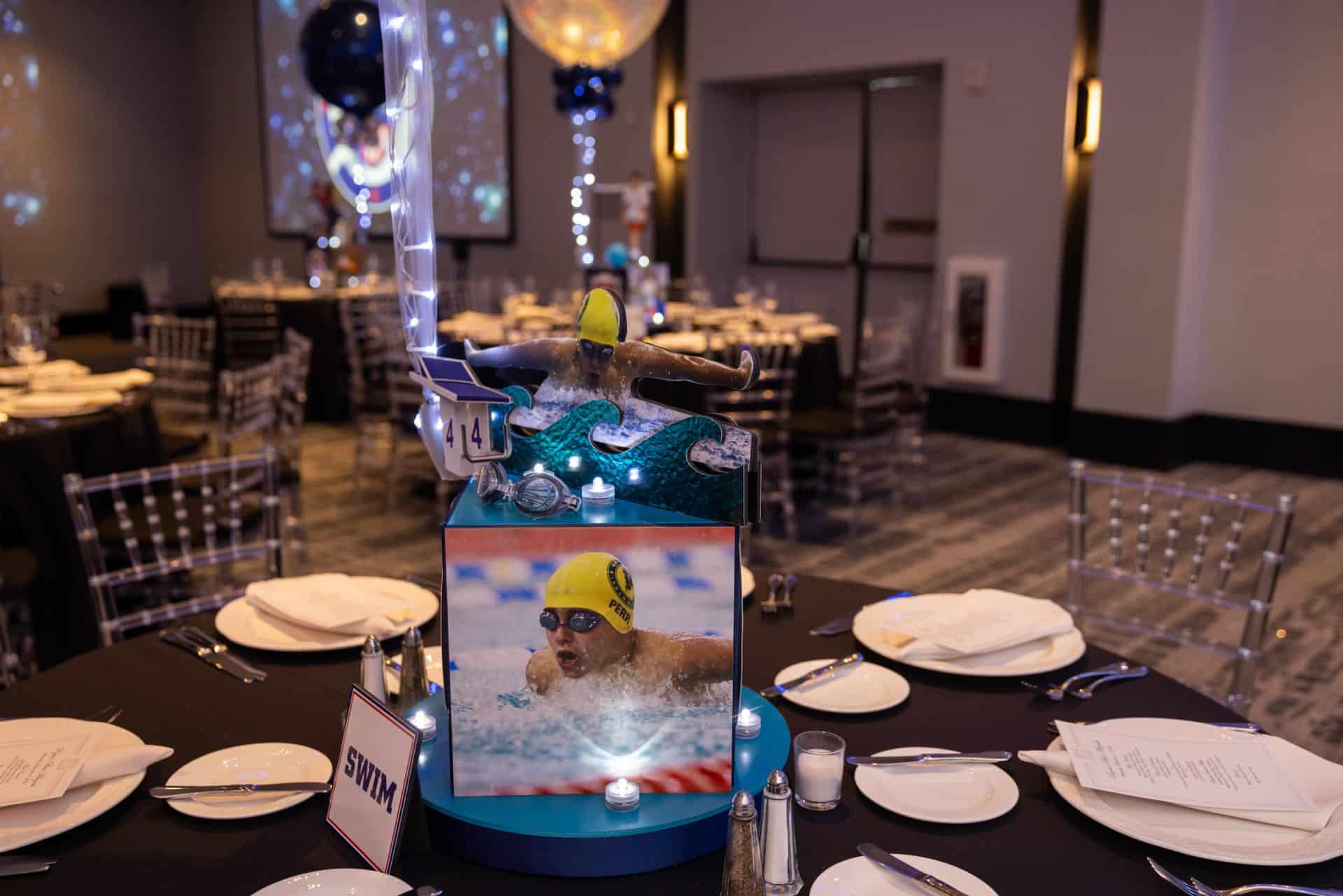 Swim Theme Cube Centerpiece with 3ft Balloon and Lights for a Bar Mitzvah