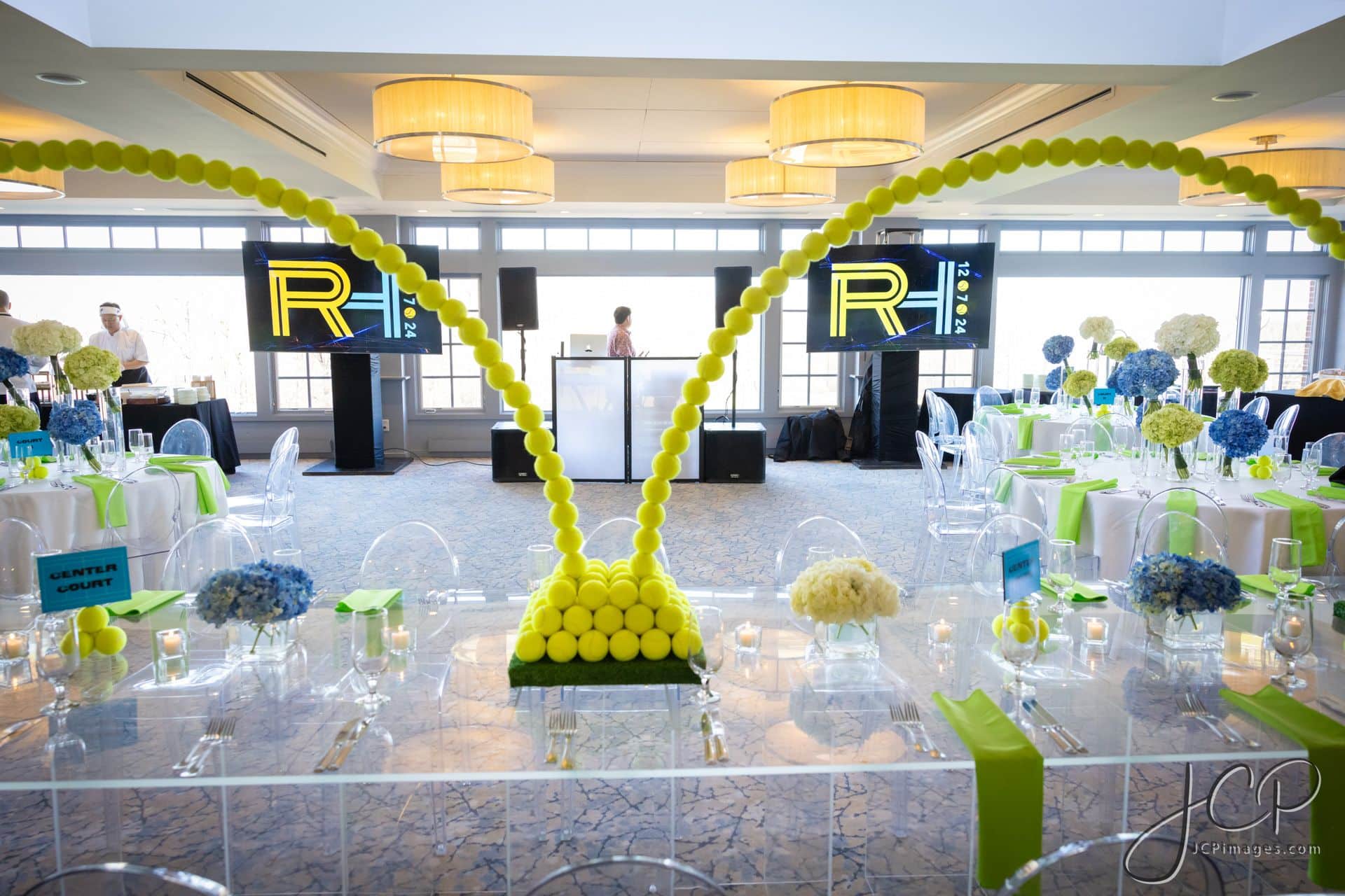 Tennis Ball Arch Table Display for a Bar Mitzvah at Fairview Country Club