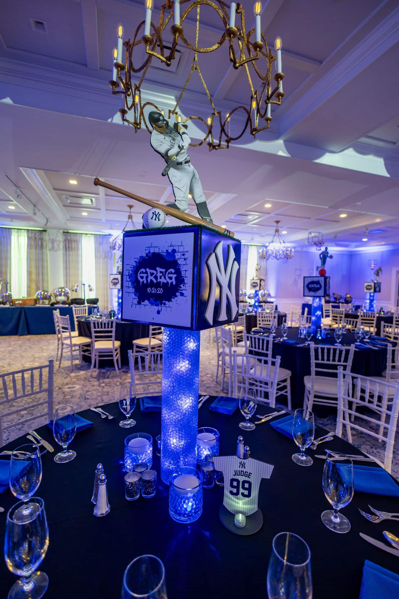 Custom Sports Centerpieces with Cutout Players and Team Logos on LED Cylinders for ESPN Themed Bar Mitzvah