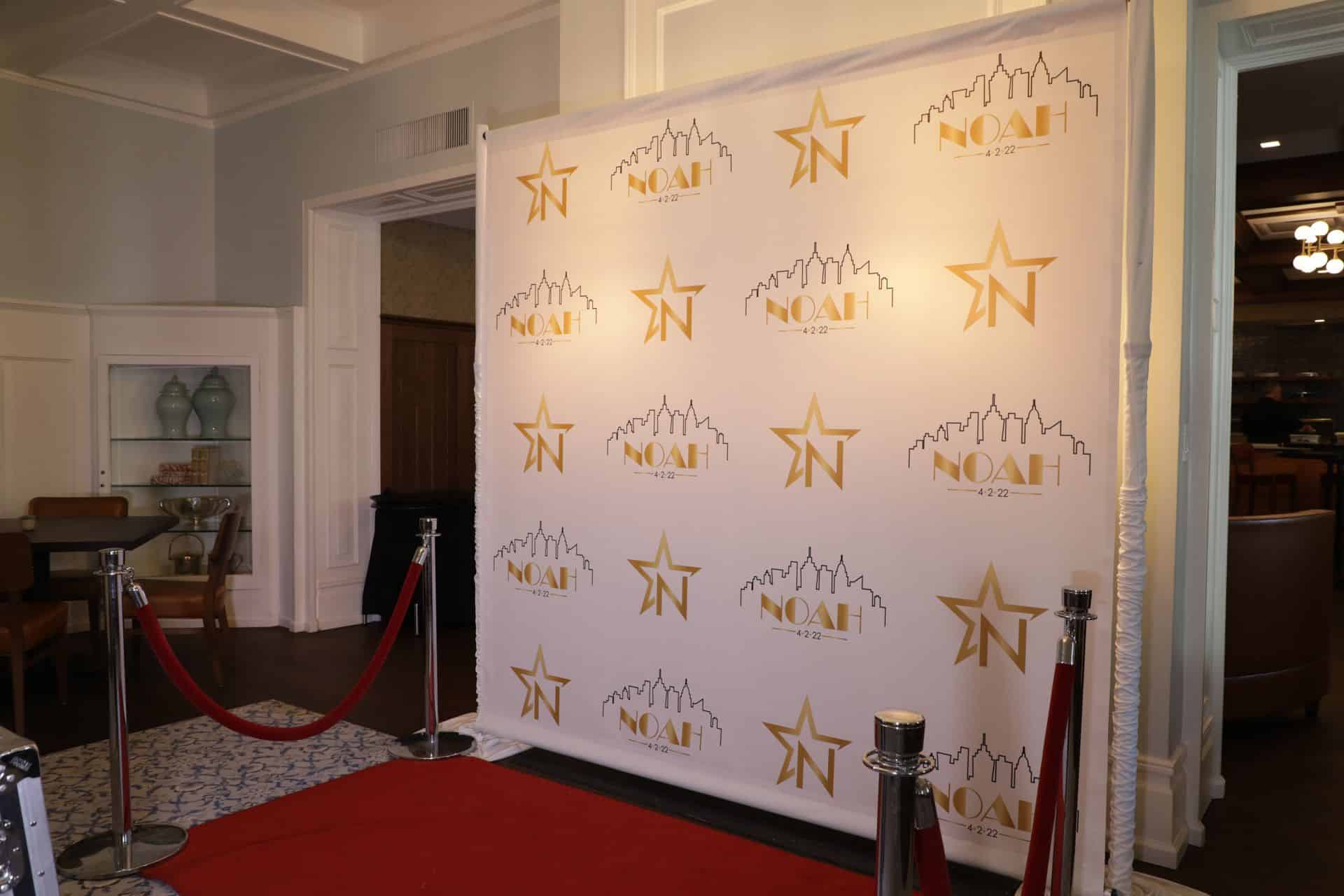 Broadway Themed Step and Repeat with Custom Logos and Red Carpet at Preakness Hills Country Club