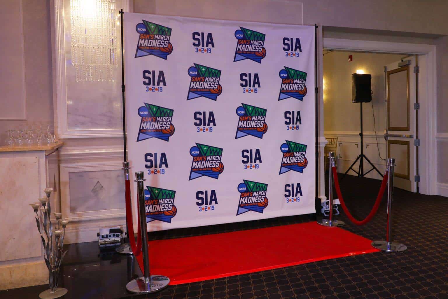 Basketball Themed Step and Repeat with Custom Logos and Red Carpet and Stanchions
