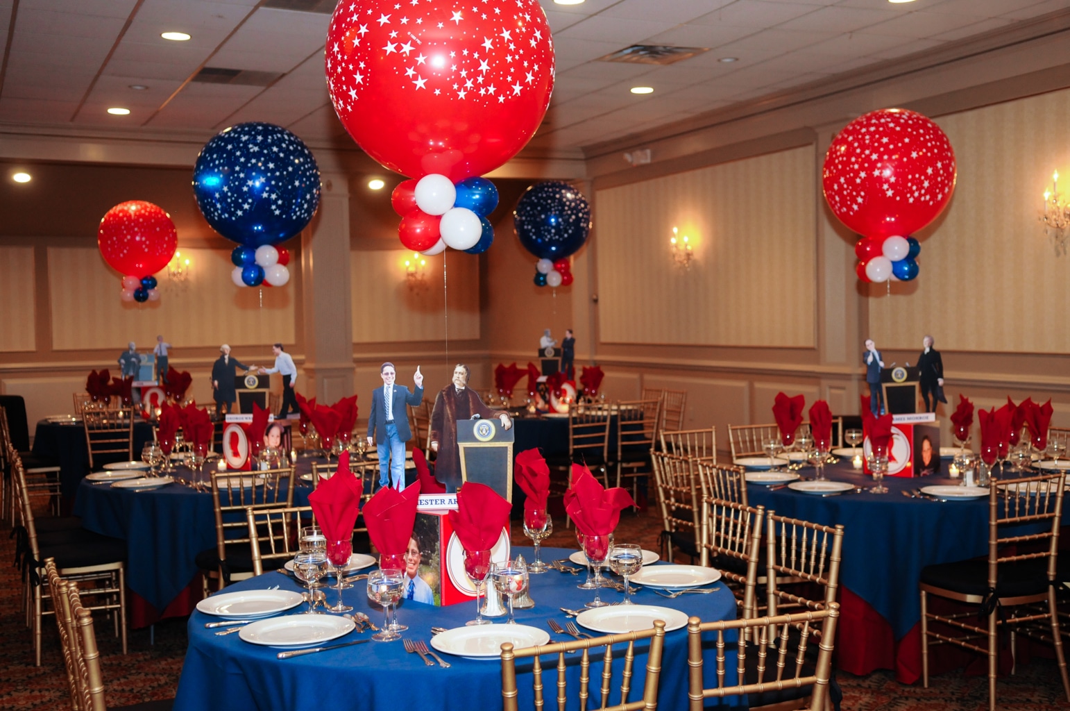 Presidents Themed Centerpiece with Alternating Blue and Red Balloons and White Stars
