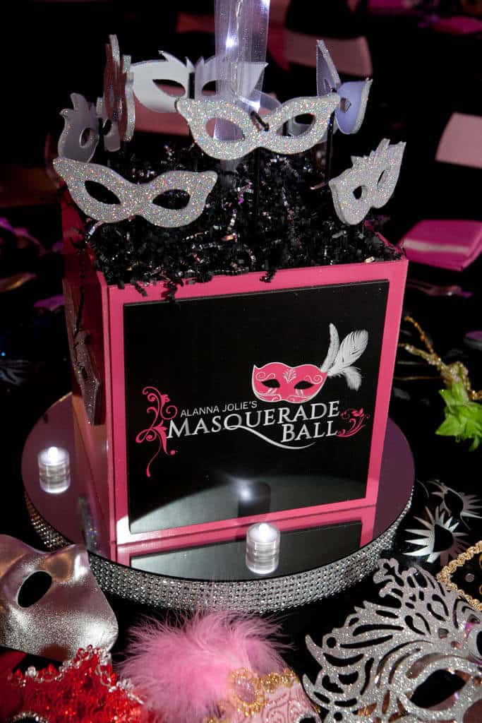 Masquerade Themed Bat Mitzvah Centerpiece with Cutout Glittered Masks