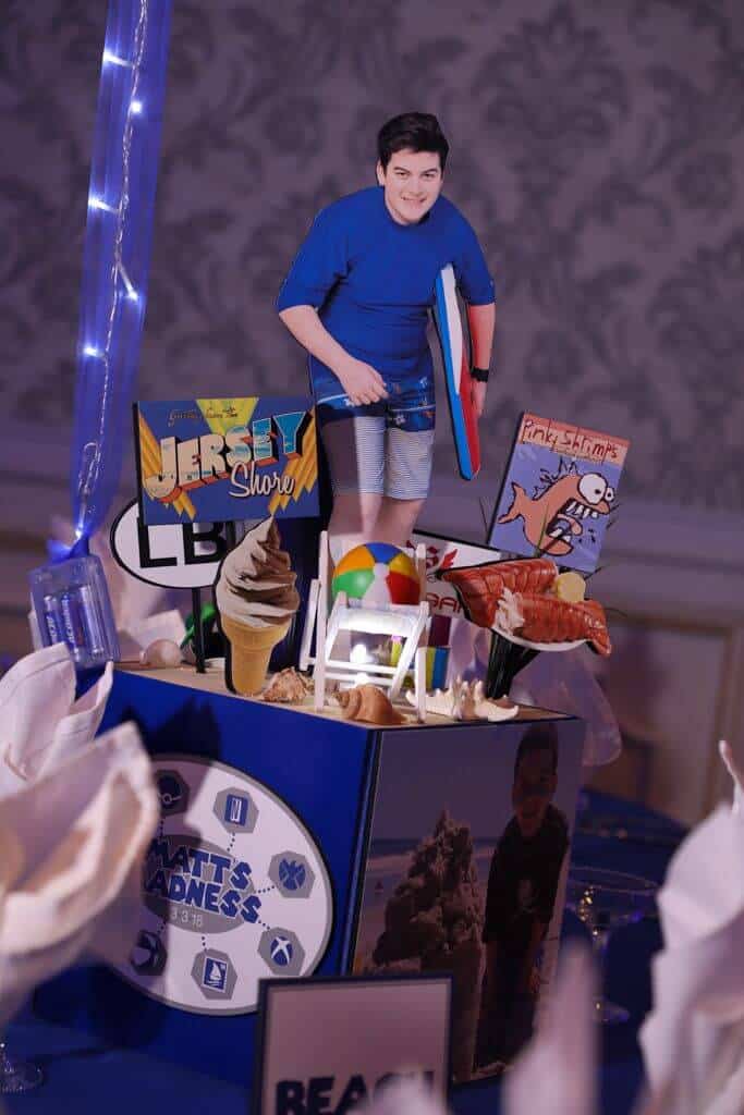 Beach Themed Centerpiece with Custom Cutouts for Everything Boy Themed Bar Mitzvah