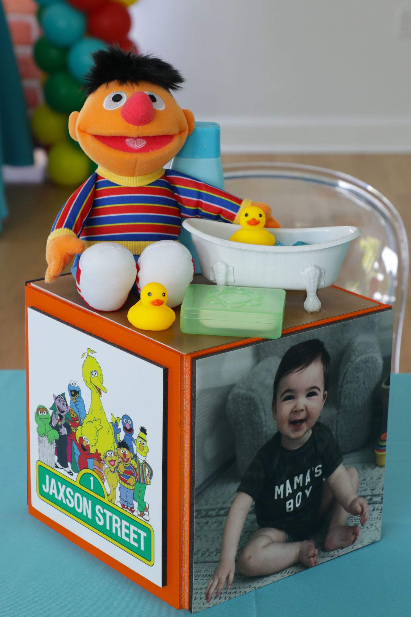 Ernie Themed Sesame Street Centerpiece with Custom Logo and Photos