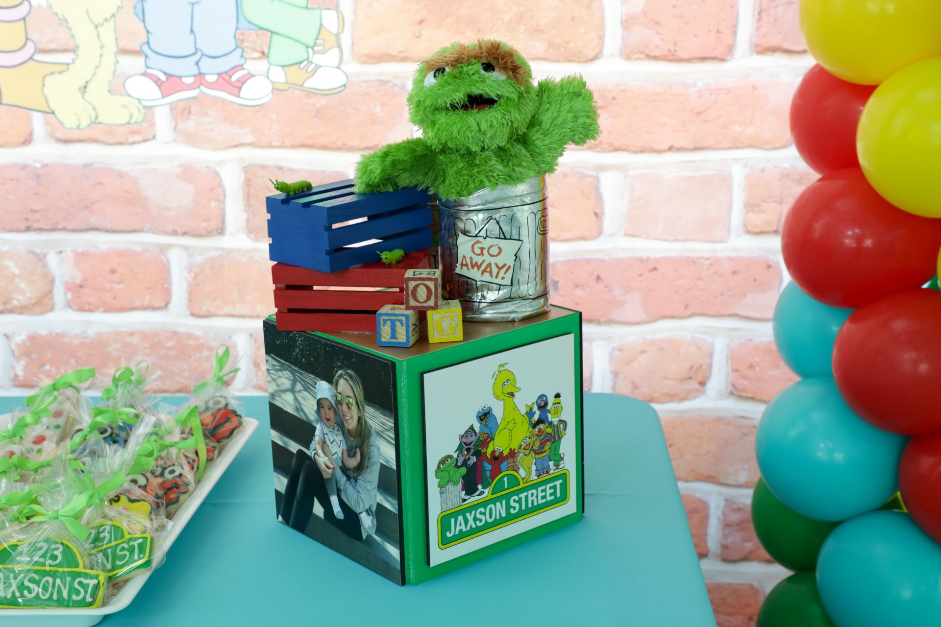 Oscar the Grouch Themed Sesame Street Centerpiece with Custom Logo & Photos