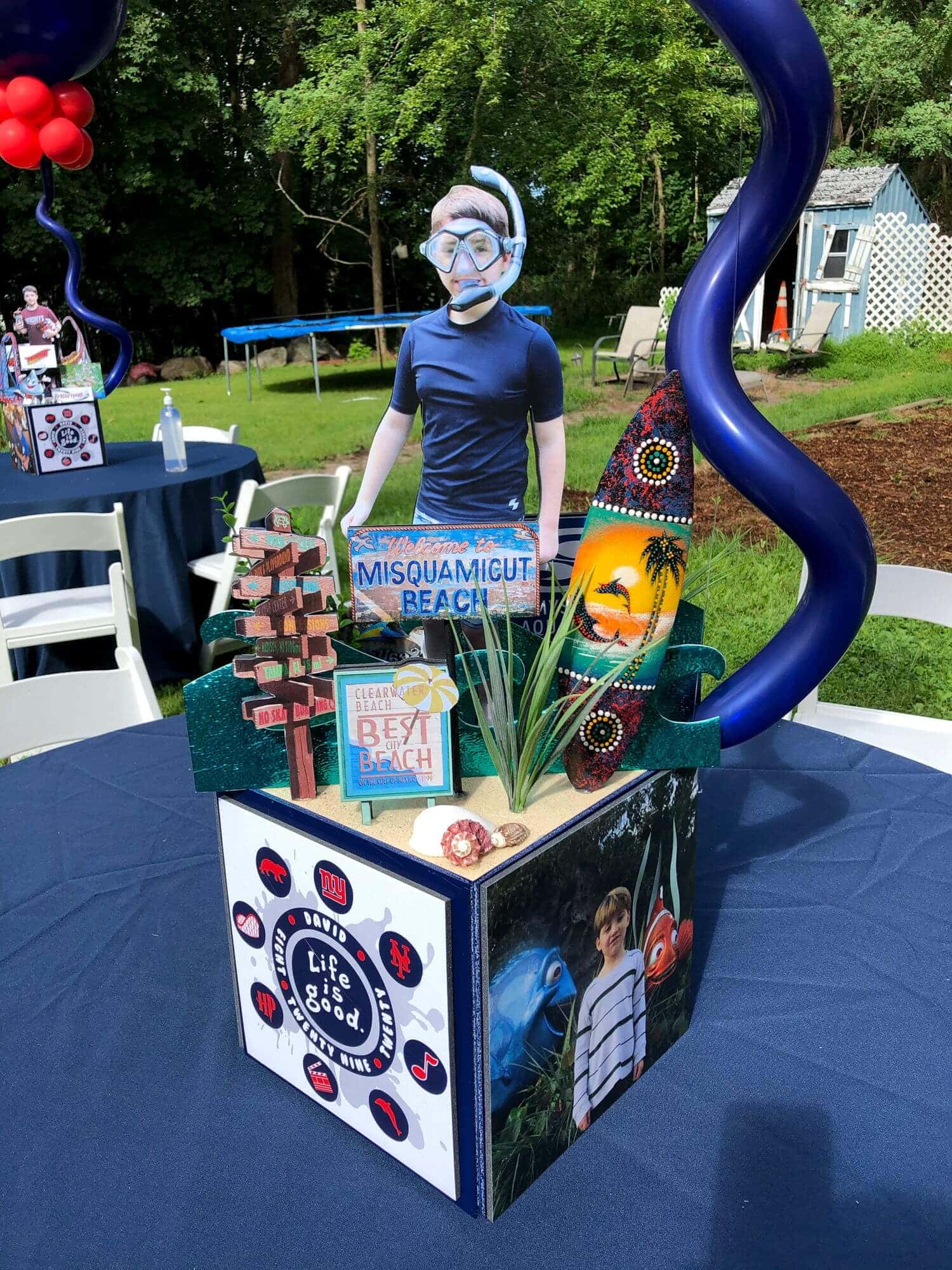 Beach Themed Photo Cube Centerpiece with Custom Logo and Photos for Everything Boy Bar Mitzvah