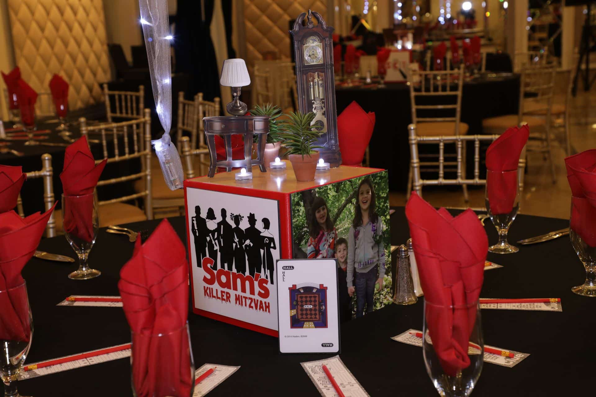 Clue Themed Centerpiece with Custom Logo and Photos
