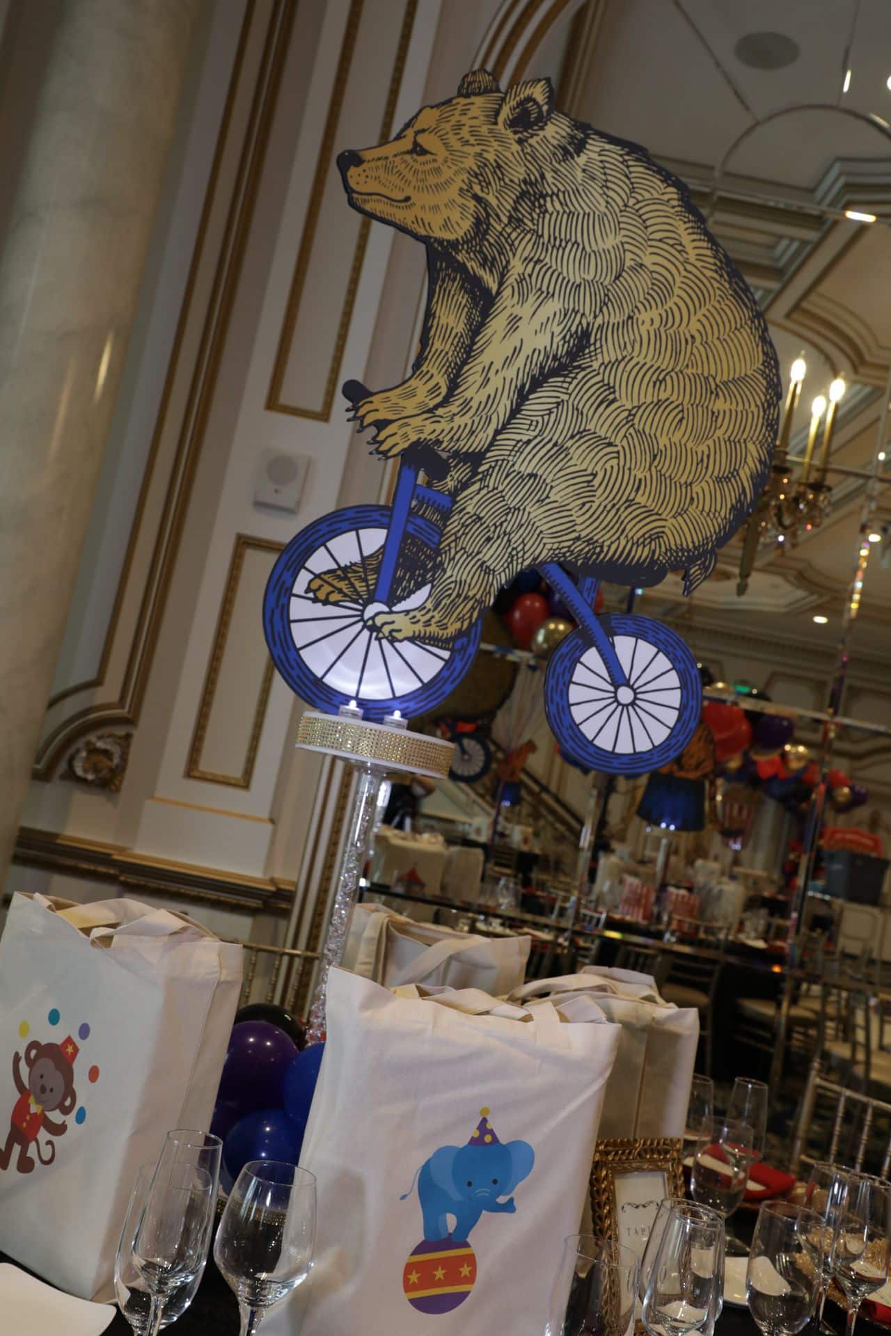 Vintage Circus Themed Centerpiece with Blowup Bear Cutout for First Birthday