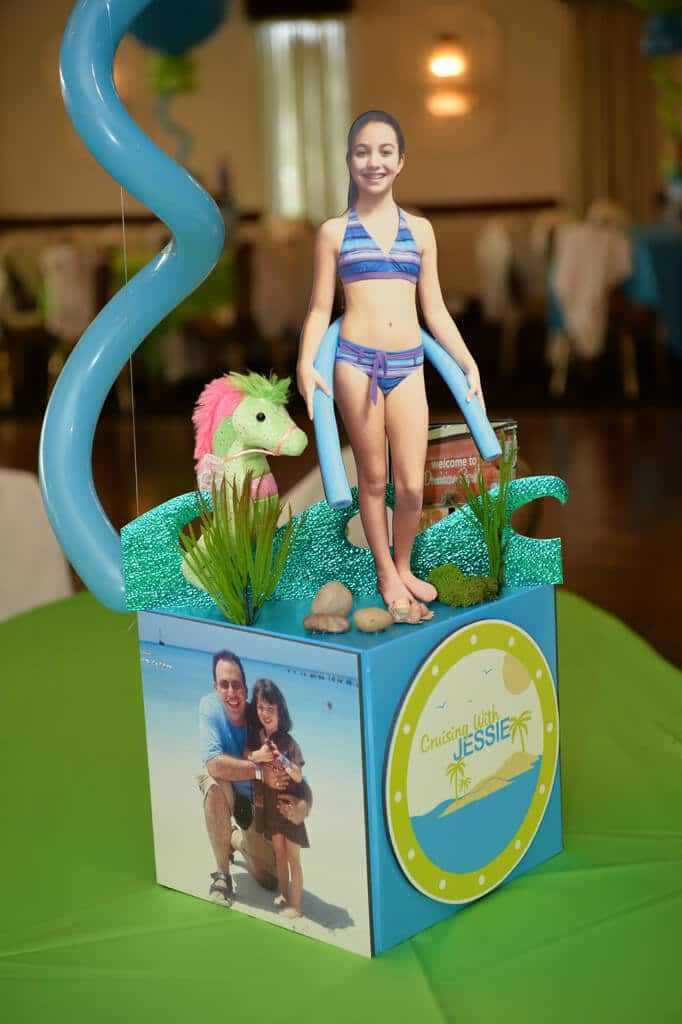 Beach Themed Bat Mitzvah Centerpiece with Custom Logo and Cutout Toppers