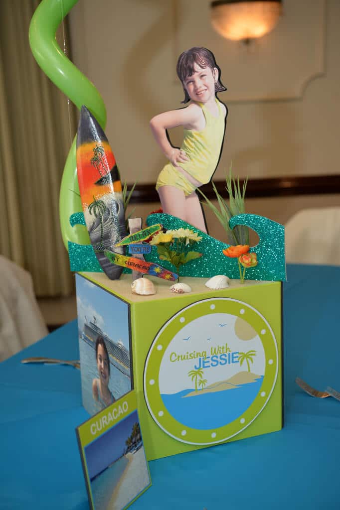 Beach Themed Bat Mitzvah Centerpiece with Custom Logo and Cutout Toppers