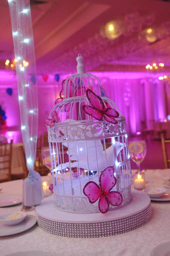 LED Birdcage Centerpiece with Dove and Butterflies