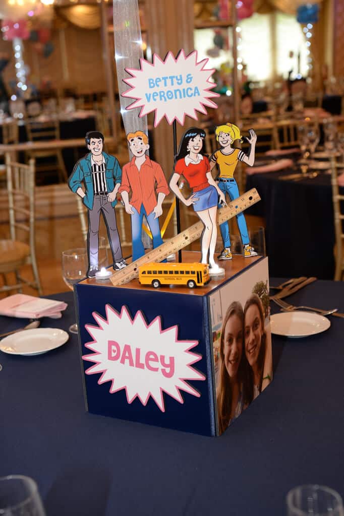 Comic Themed Photo Cube Centerpiece with Themed Toppers