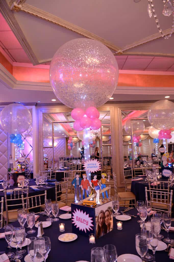 Comic Themed Photo Cube Centerpiece with Themed Toppers and LED Sparkle Balloons