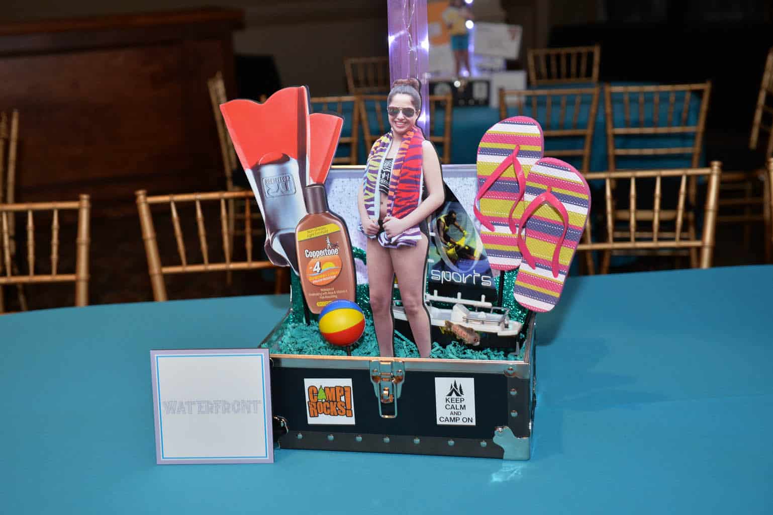 Camp Themed Bat Mitzvah Trunk Centerpiece with Props and Photos