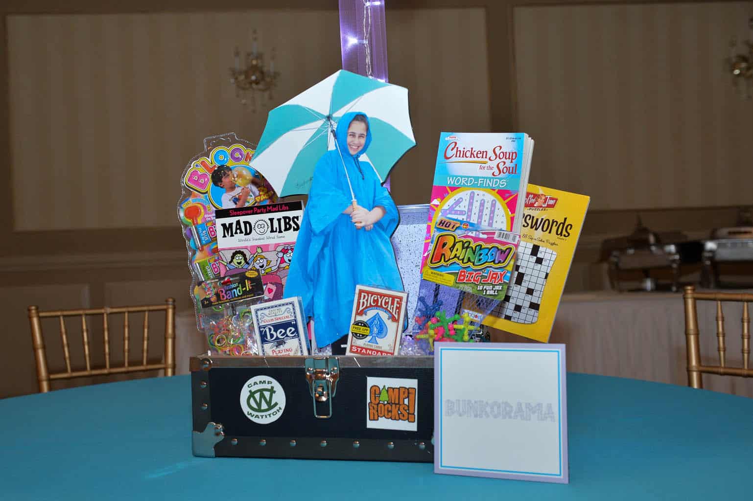 Camp Themed Bat Mitzvah Trunk Centerpiece with Props and Photos