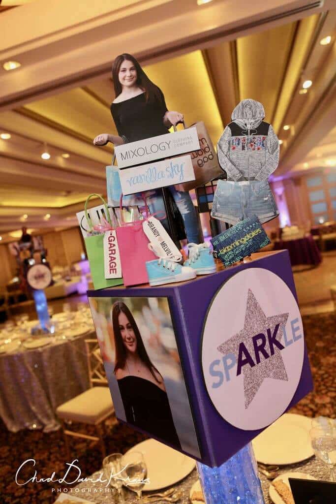 Shopping Themed Centerpiece with Photo Cutouts and Props on LED Base for Everything Girl Themed Bat Mitzvah