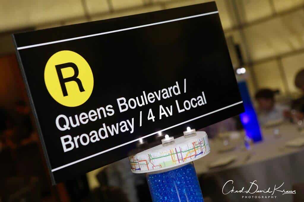 NYC Themed Centerpiece with Blowup Subway Stop Sign and LED Base