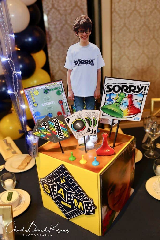 Sorry Themed Centerpiece with Custom Cutouts and Game Pieces for Game Themed Bar Mitzvah