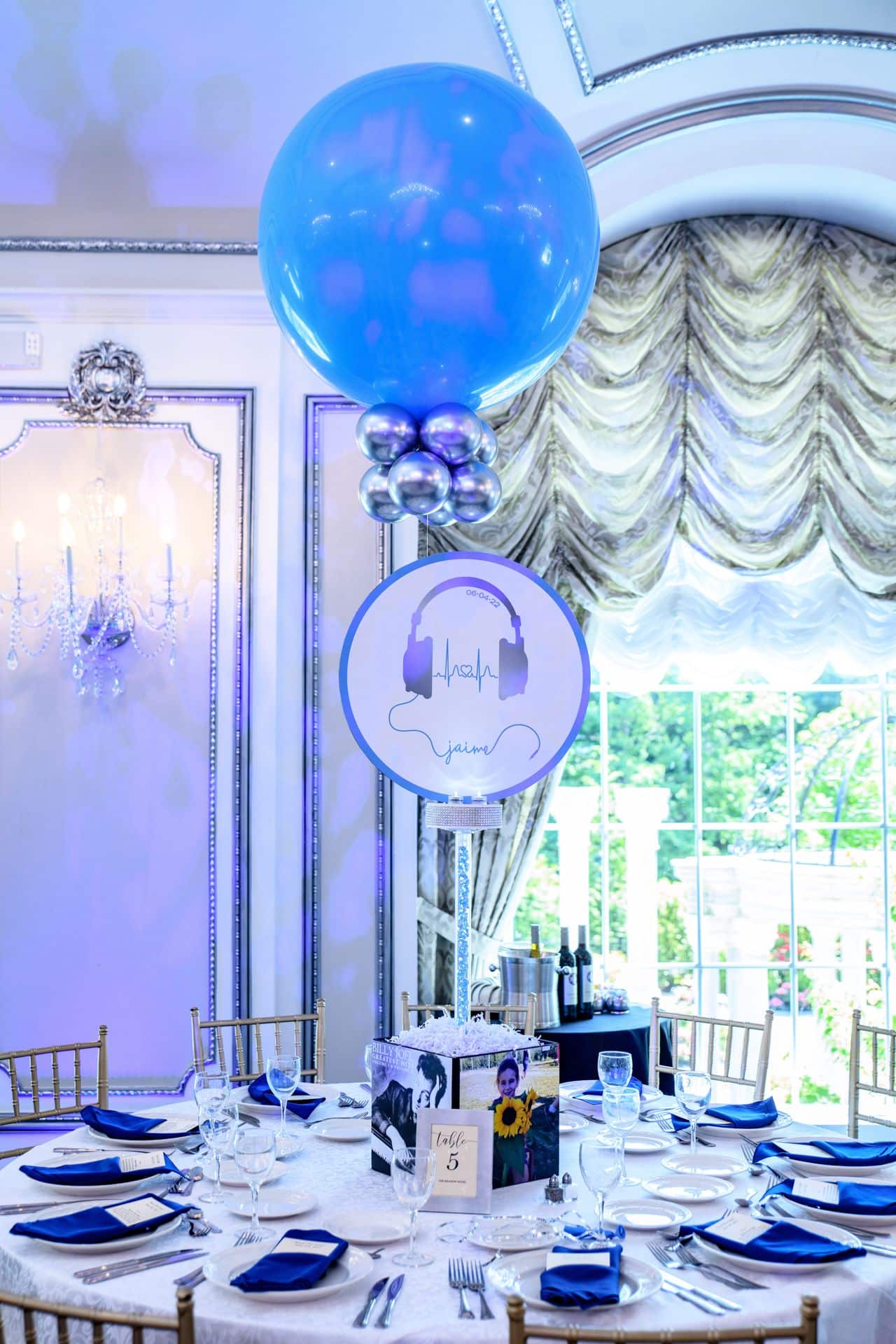 Music Themed Centerpiece with Custom Cube Base and Blowup Logo