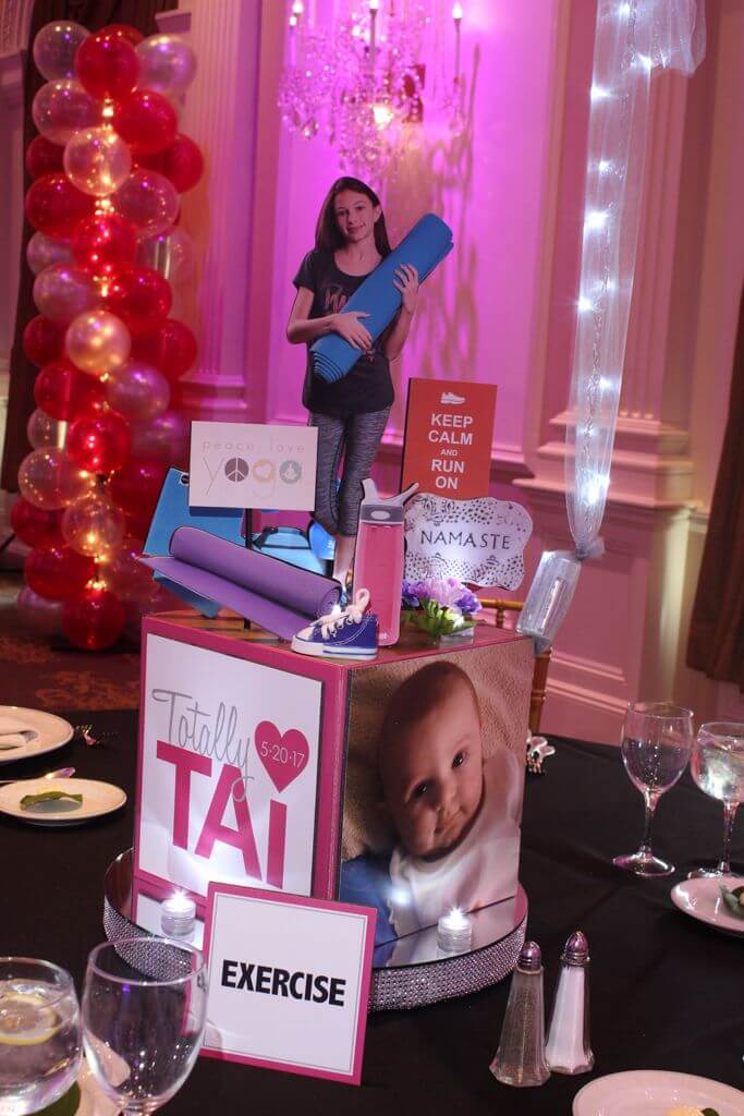 Exercise Themed Cube Centerpiece with Custom Logo and Themed Topper