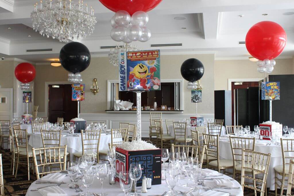 Video Game Themed Centerpieces with Photo Cube Base, Blowup Game Covers and 36" Balloons