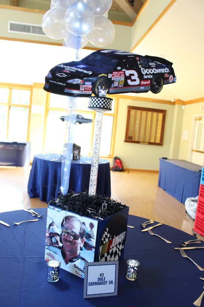 Nascar Themed Centerpiece with Blowup Car, Custom Logo and Driver Photo