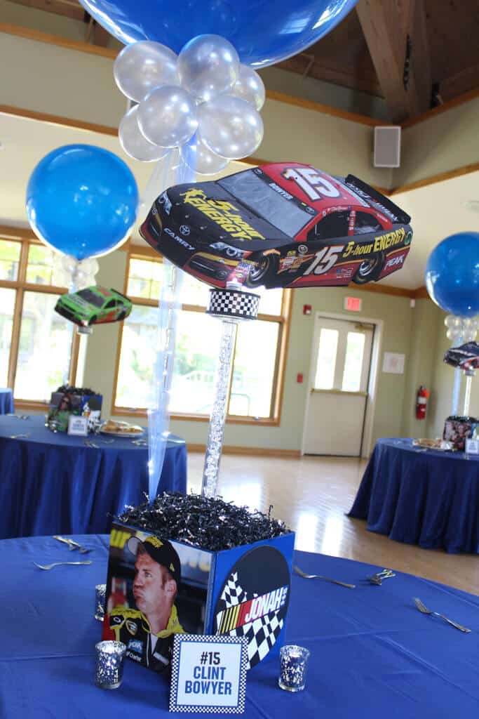 Nascar Themed Centerpiece with Blowup Car, Custom Logo and Driver Photo