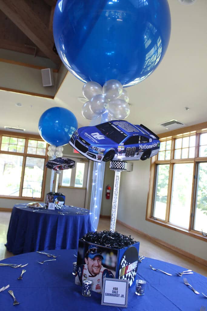 Nascar Themed Centerpiece with Blowup Car, Custom Logo & Driver Photo