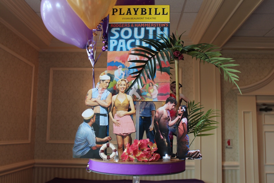 Broadway Themed Bat Mitzvah Centerpiece with Cutout Characters and Playbill