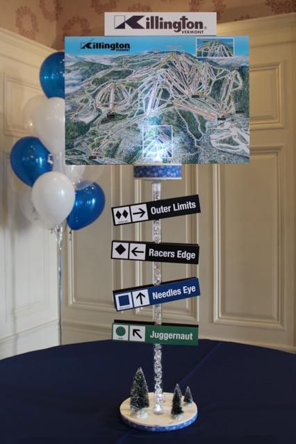 Ski Themed Bar Mitzvah Centerpiece with Blowup Ski Trails and Trail Signs