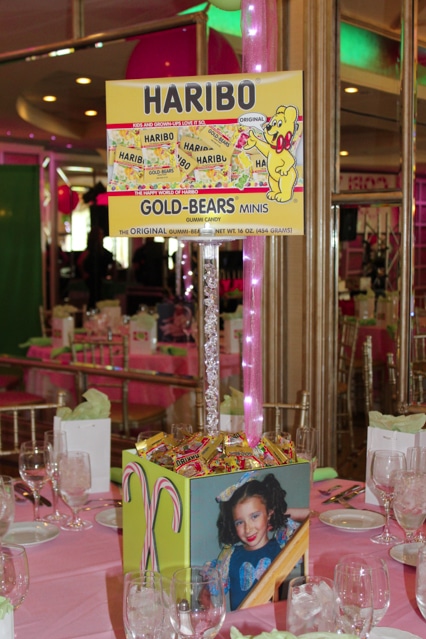 Candy Themed Photo Cube Centerpiece with Pedestals, Candy Signs and Candy Filler