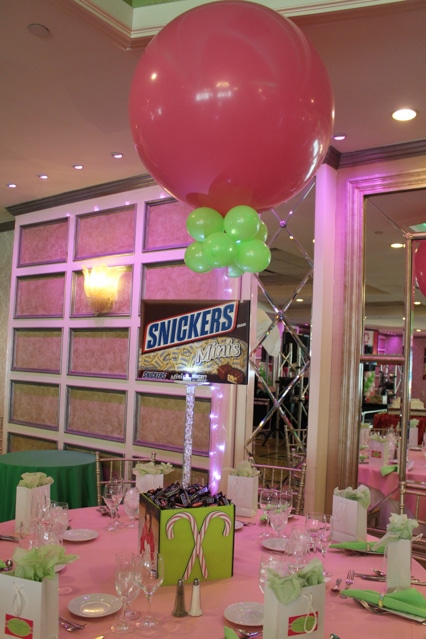 Candy Themed Photo Cube Centerpiece with 36" Pink Balloons and Lights