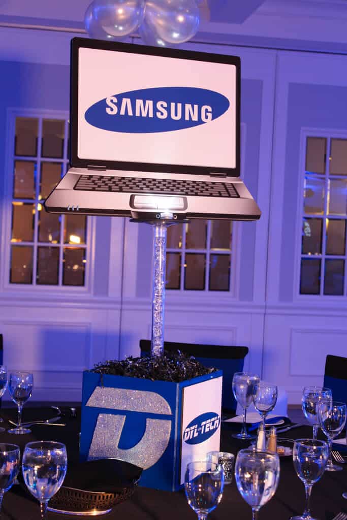 Technology Themed Bar Mitzvah Centerpiece with Blowup Computer and Logos