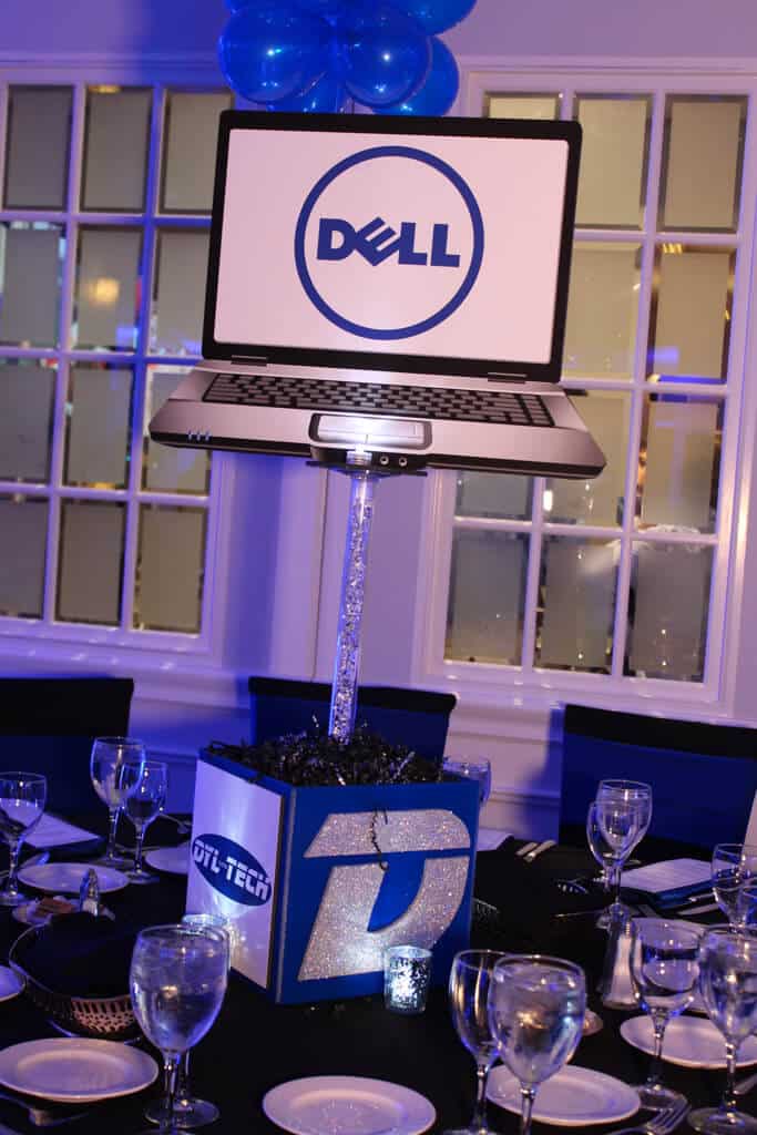 Technology Themed Bar Mitzvah Centerpiece with Blowup Computer and Logos