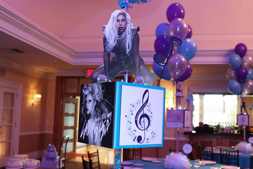 Music Themed Bat Mitzvah Cube Centerpiece with Album Covers and Custom Logo