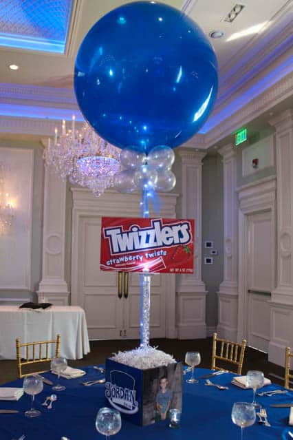 Candy Themed Bar Mitzvah Centerpiece with 3D Candy Posters and 36" Balloons