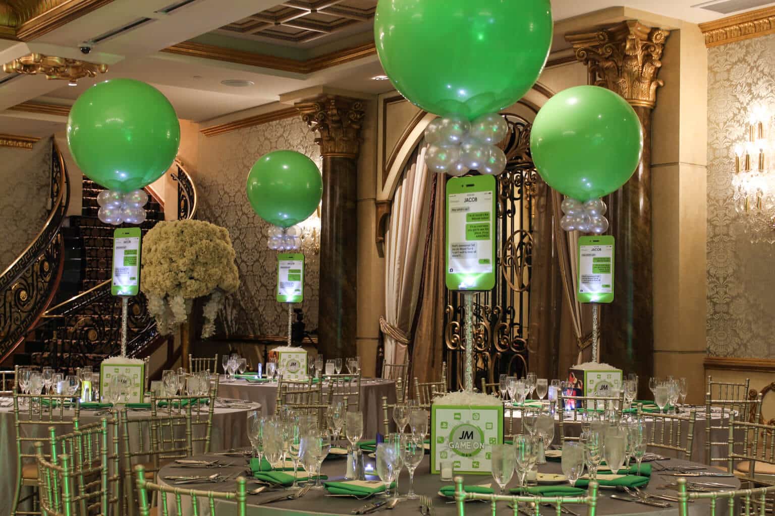 iPhone Themed Centerpieces with Photo Cube Bases and 3' Lime Green Balloons