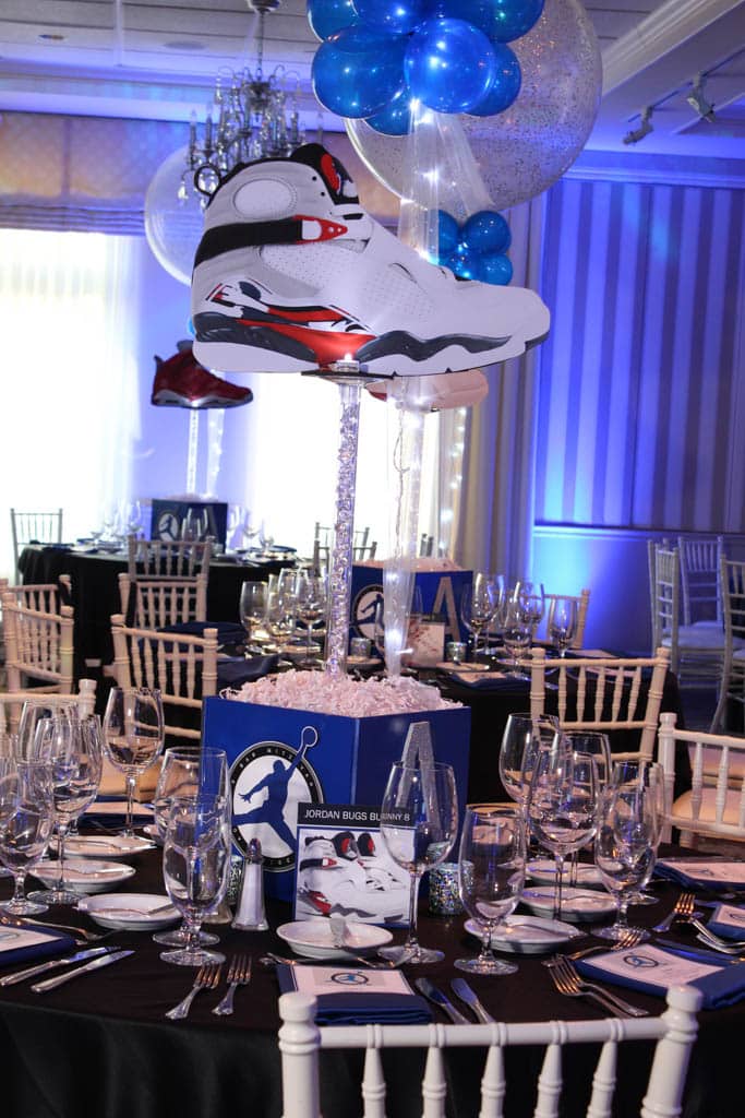 Sneaker Themed Bar Mitzvah Centerpiece with Custom Logo, Photos and Blowup Sneakers