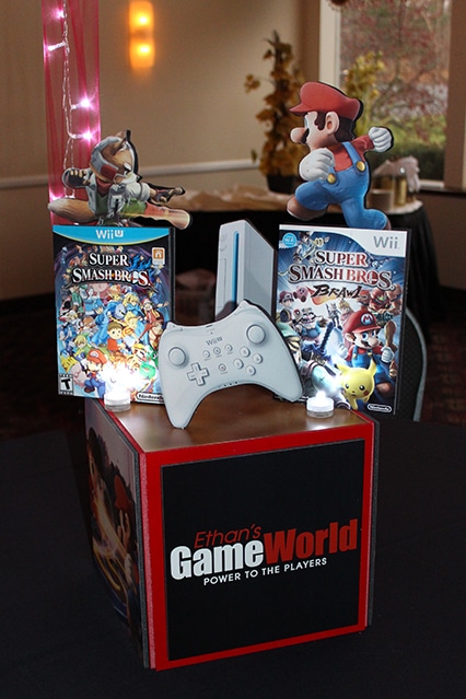 Super Smash Bros Video Game Themed Photo Cube Centerpiece with Custom Logo and Toppers