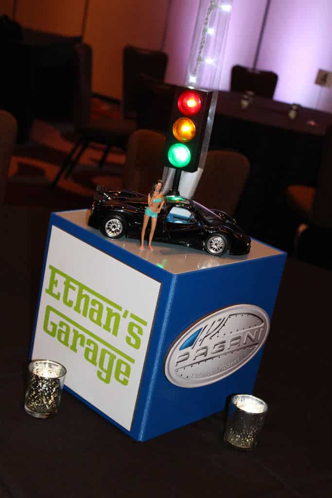 Car Themed Bar Mitzvah Centerpiece with Model Car Topper and Traffic Light