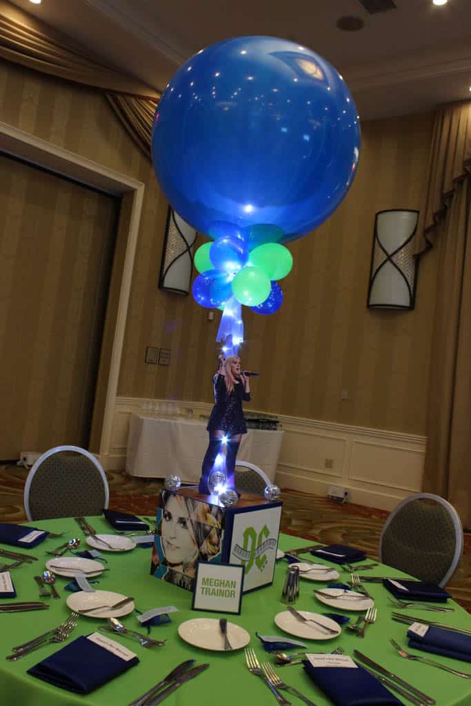 Music Themed Bar Mitzvah Centerpiece with Blue Marble Balloon and Lights