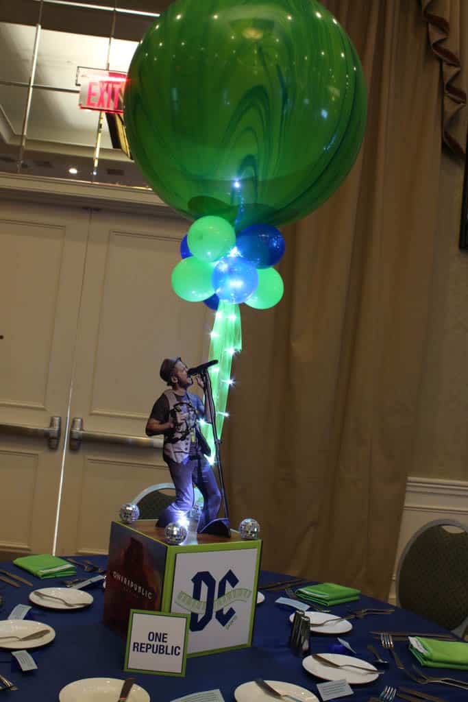 Music Themed Bar Mitzvah Centerpiece with Lime Green Marble Balloon and Lights