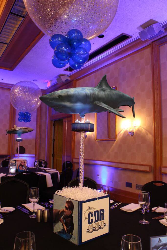 Shark Themed Centerpiece with Custom Logo and Blowup Sharks