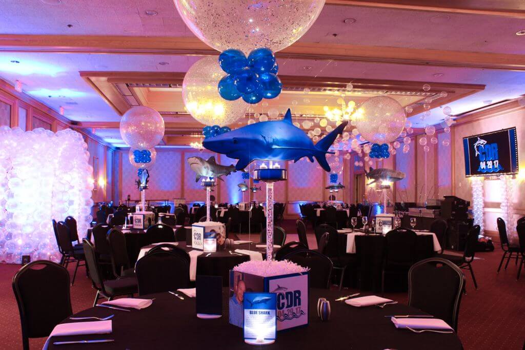 Shark Themed Centerpieces with Blowup Sharks and Sparkle Balloons