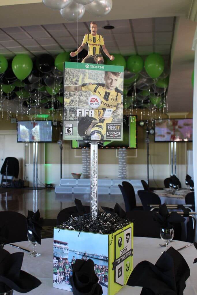 Video Game Themed Centerpiece with Photo Cube Base and Blowup Game Cover
