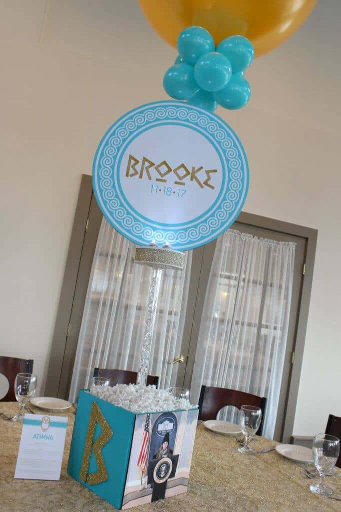 Greek Mythology Themed Bat Mitzvah Centerpiece with Blowup Custom Logo