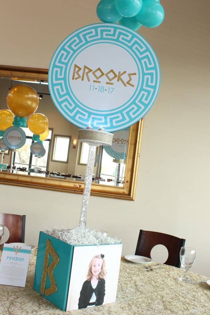 Greek Mythology Themed Bat Mitzvah Centerpiece with Blowup Custom Logo